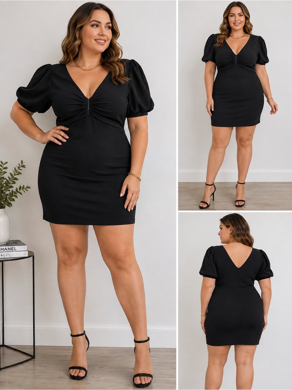 GUESS Black Ruched Front Mini Dress Size 16 Puff Sleeve